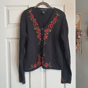 Vintage Work In Progress Black Large Cardigan Sweater Embroidered Floral Flowers